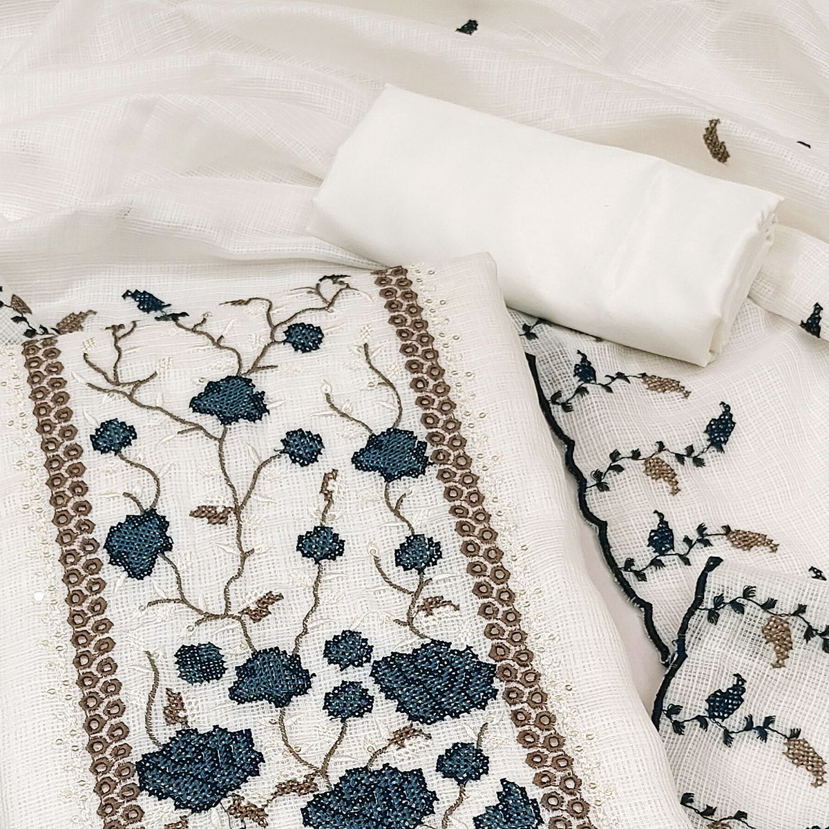 White & Blue Floral Embroidered Kota Doria Dress Material