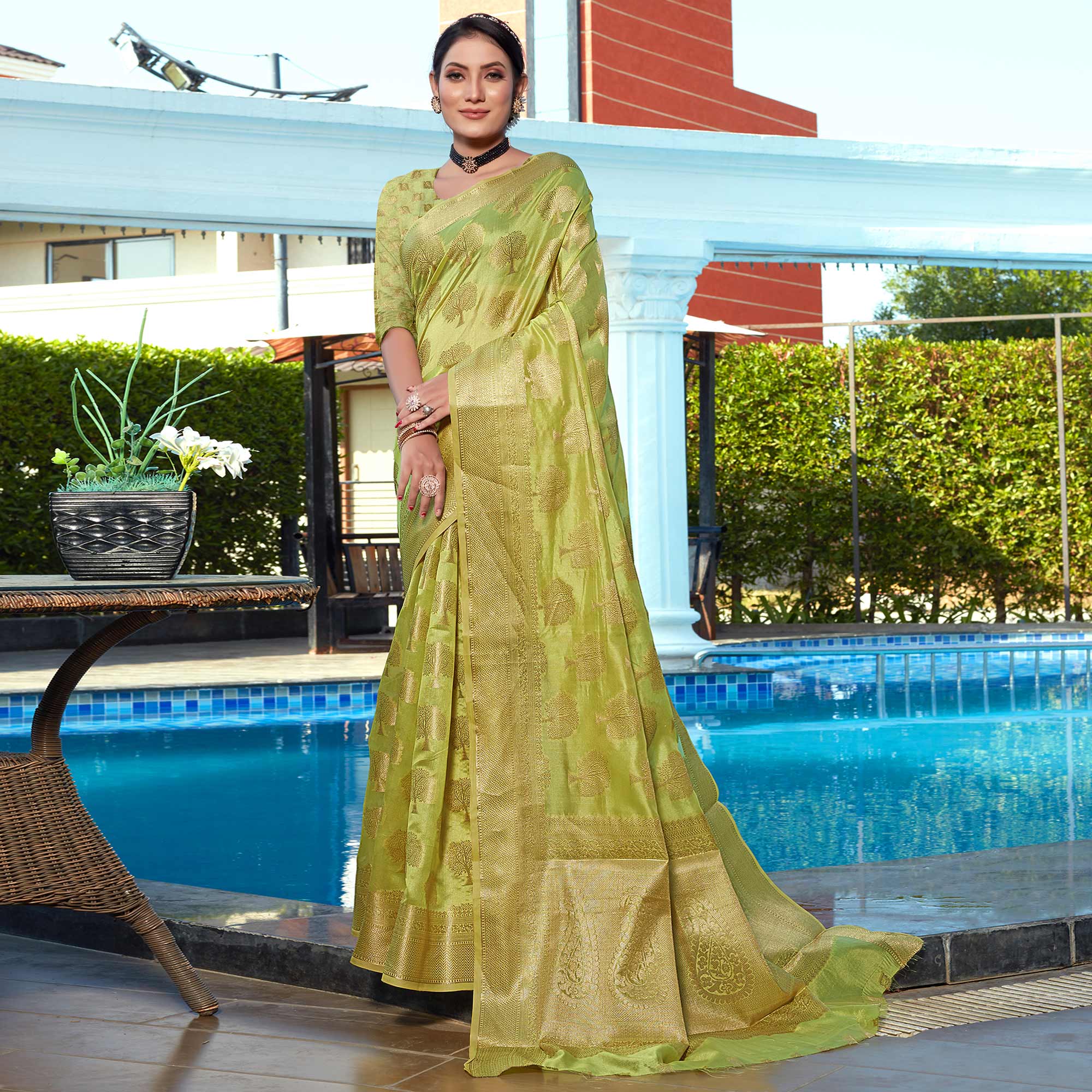 Light Green Woven Organza Saree