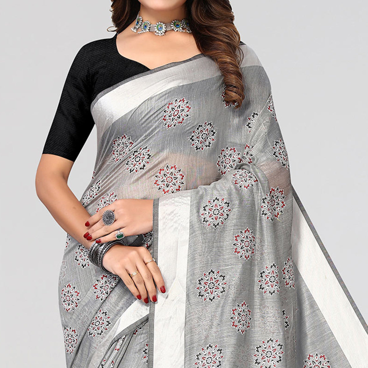 Grey Floral Printed Cotton Blend Saree