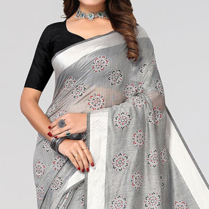 Grey Floral Printed Cotton Blend Saree