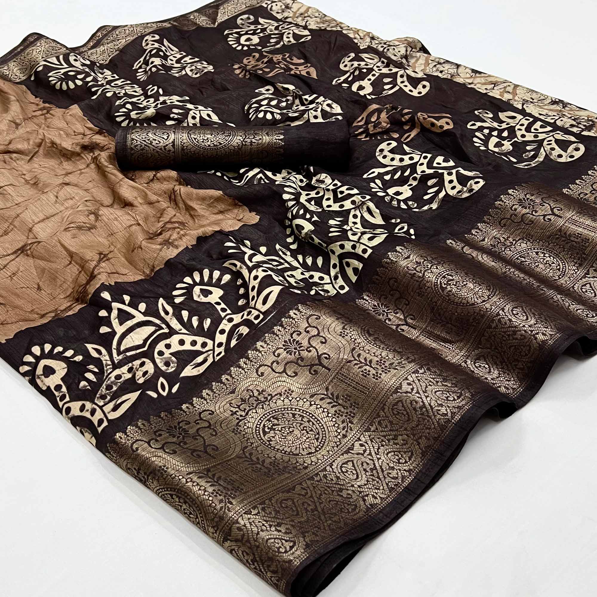 Brown Floral Printed With Woven Dola Silk Saree