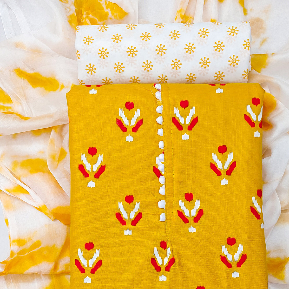 Yellow Ikkat Printed Cotton Blend Dress Material