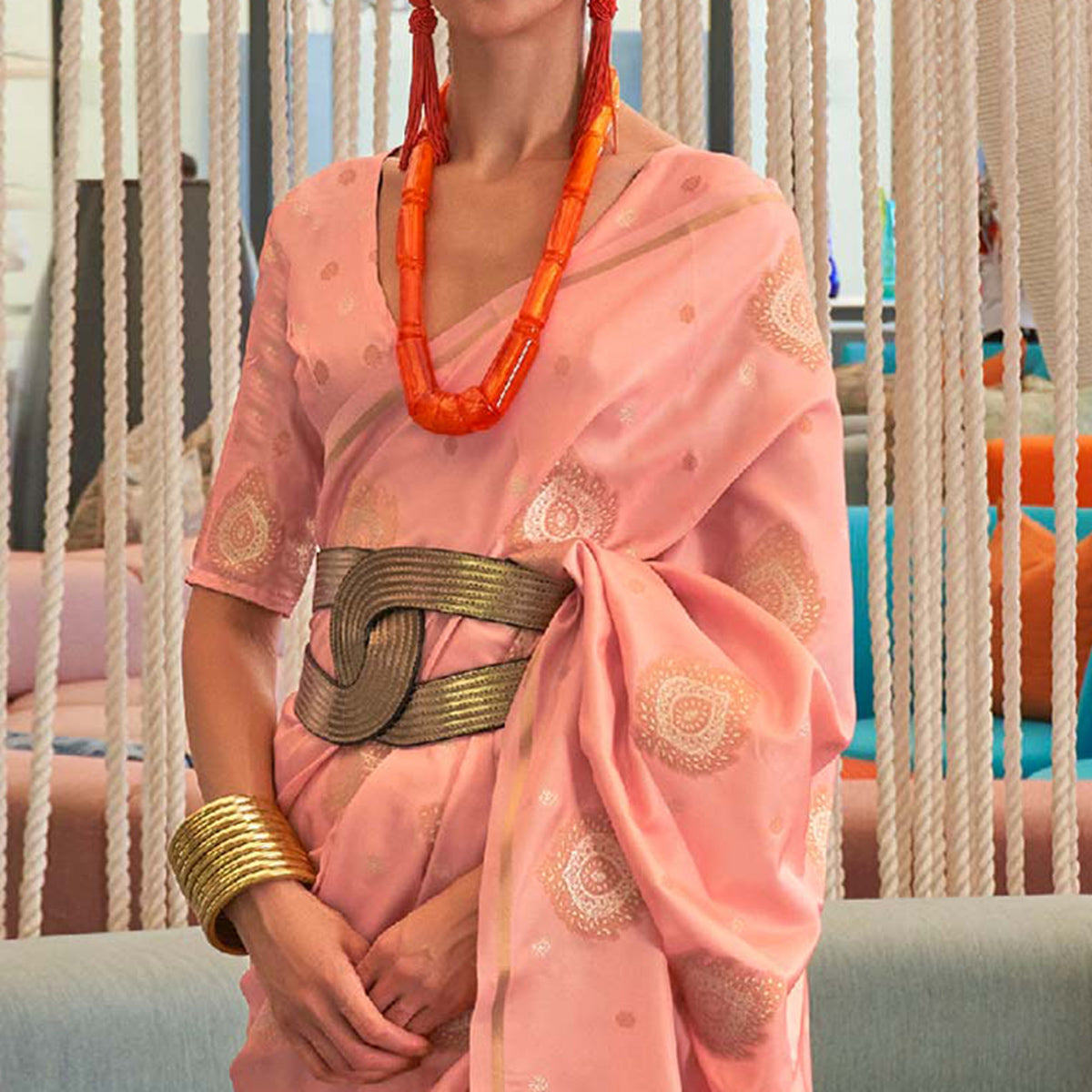 Peach Woven Satin Saree With Tassels