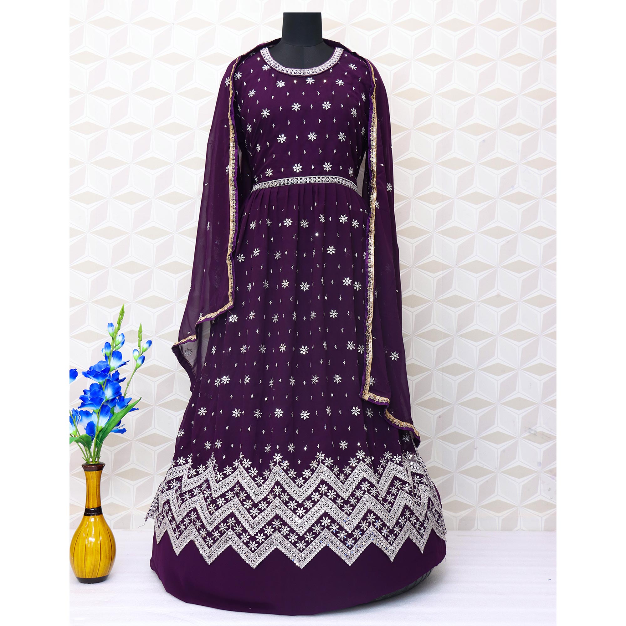 Purple Sequins Embroidered Georgette Semi Stitched Naira Cut Suit