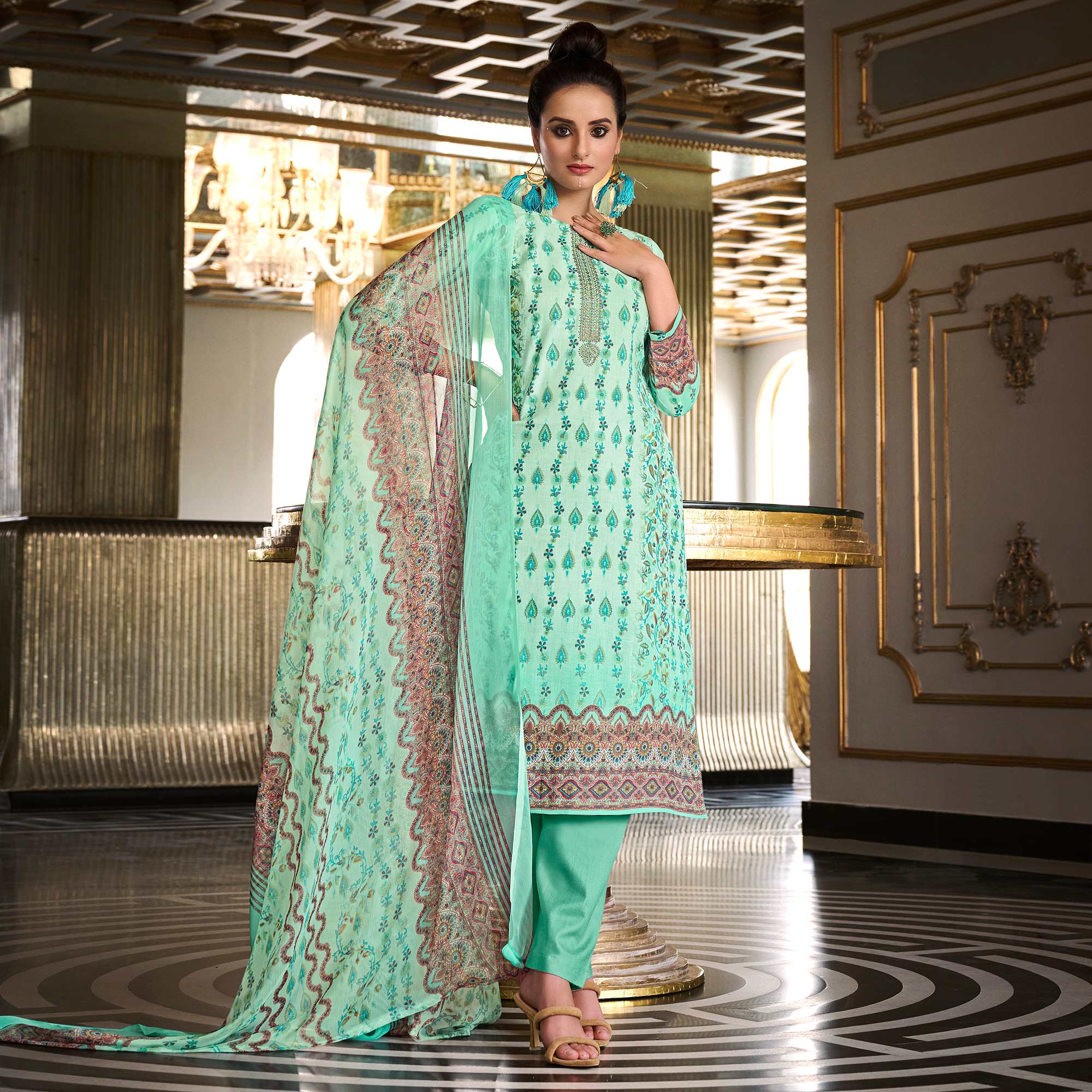 Sea Green Printed With Embroidered Pure Cotton Salwar Suit