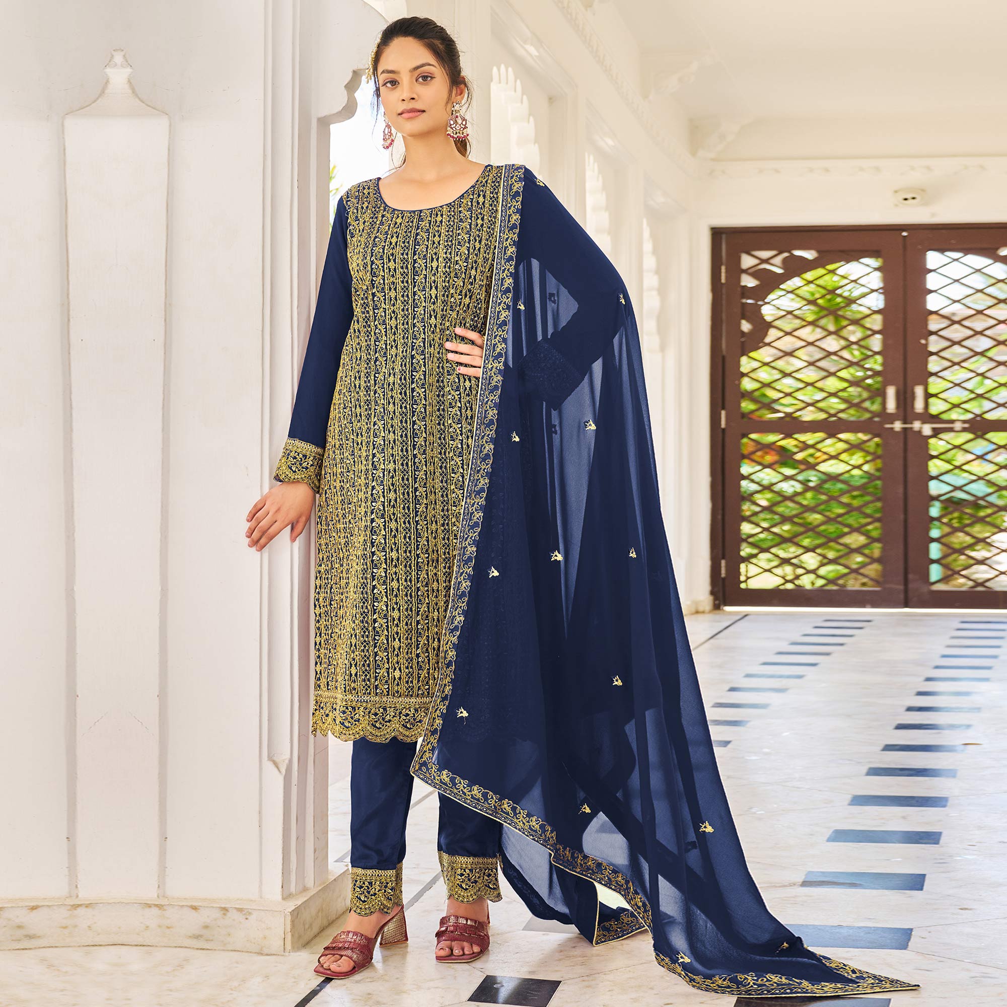 Navy Blue Sequins Embroidered Georgette Suit