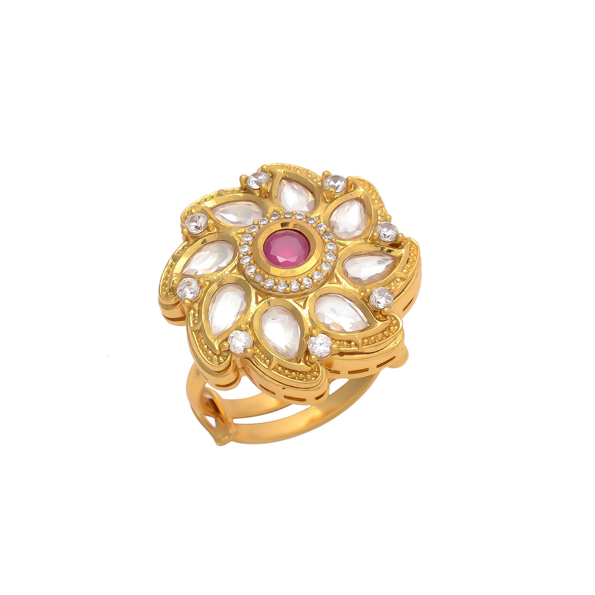 Gold Polish American Diamond Red Stone Kundan Adjustable Ring