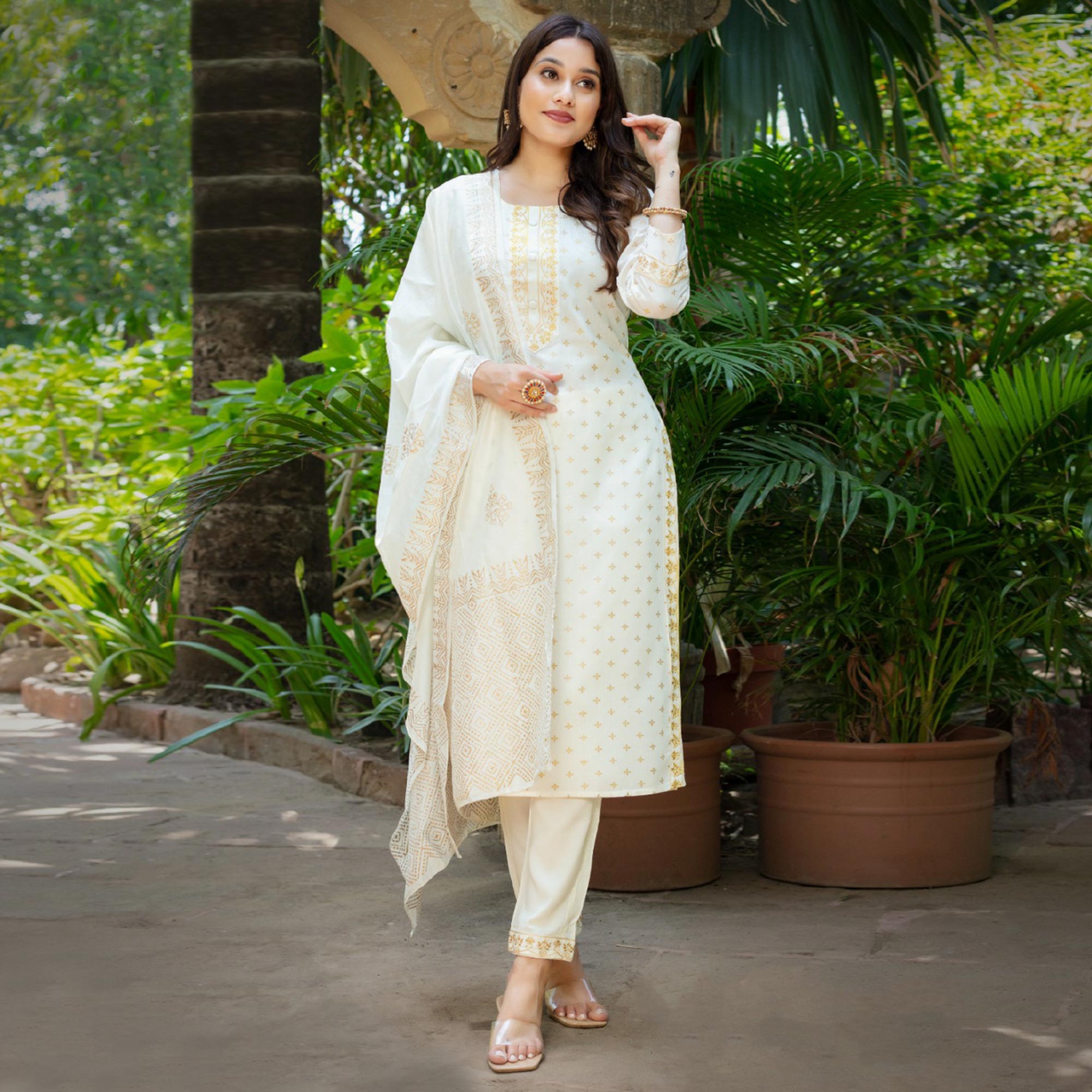 White Printed Rayon Salwar Suit