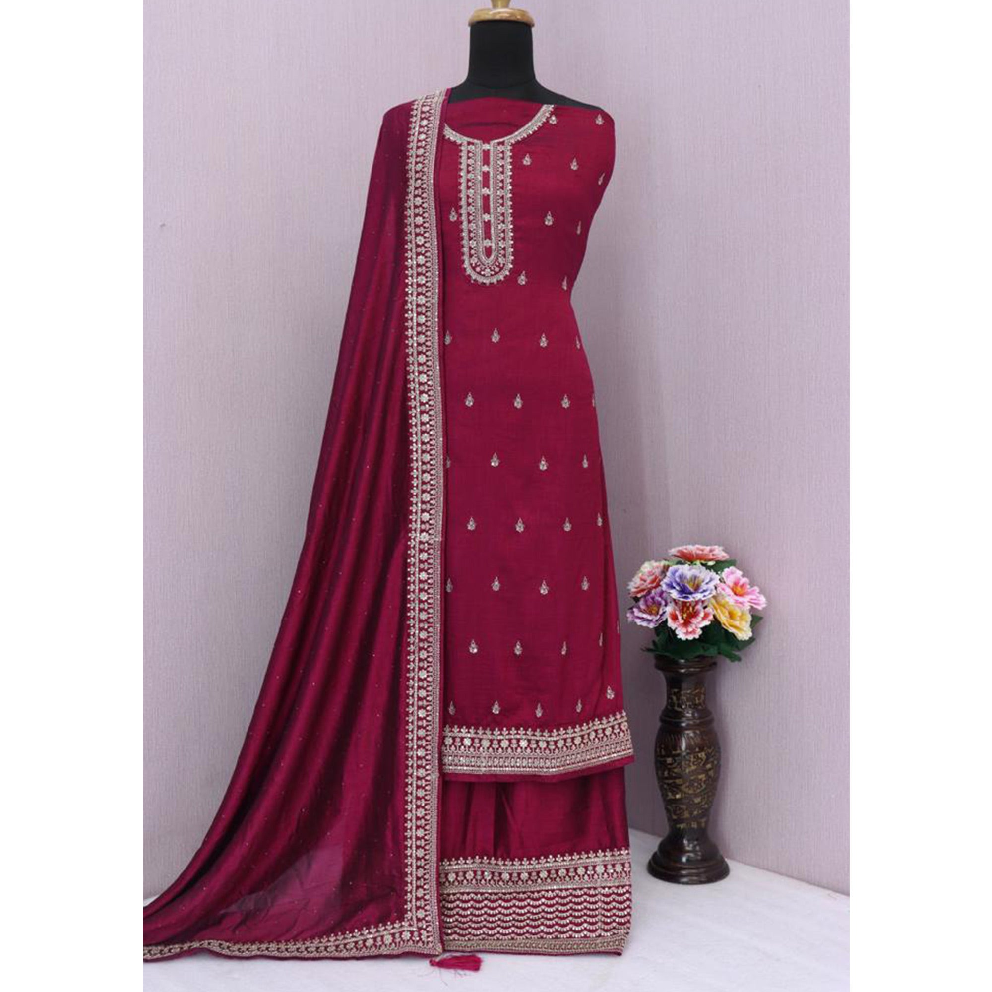 Magenta Purple Floral Embroidered Georgette Semi Stitched Palazzo Suit