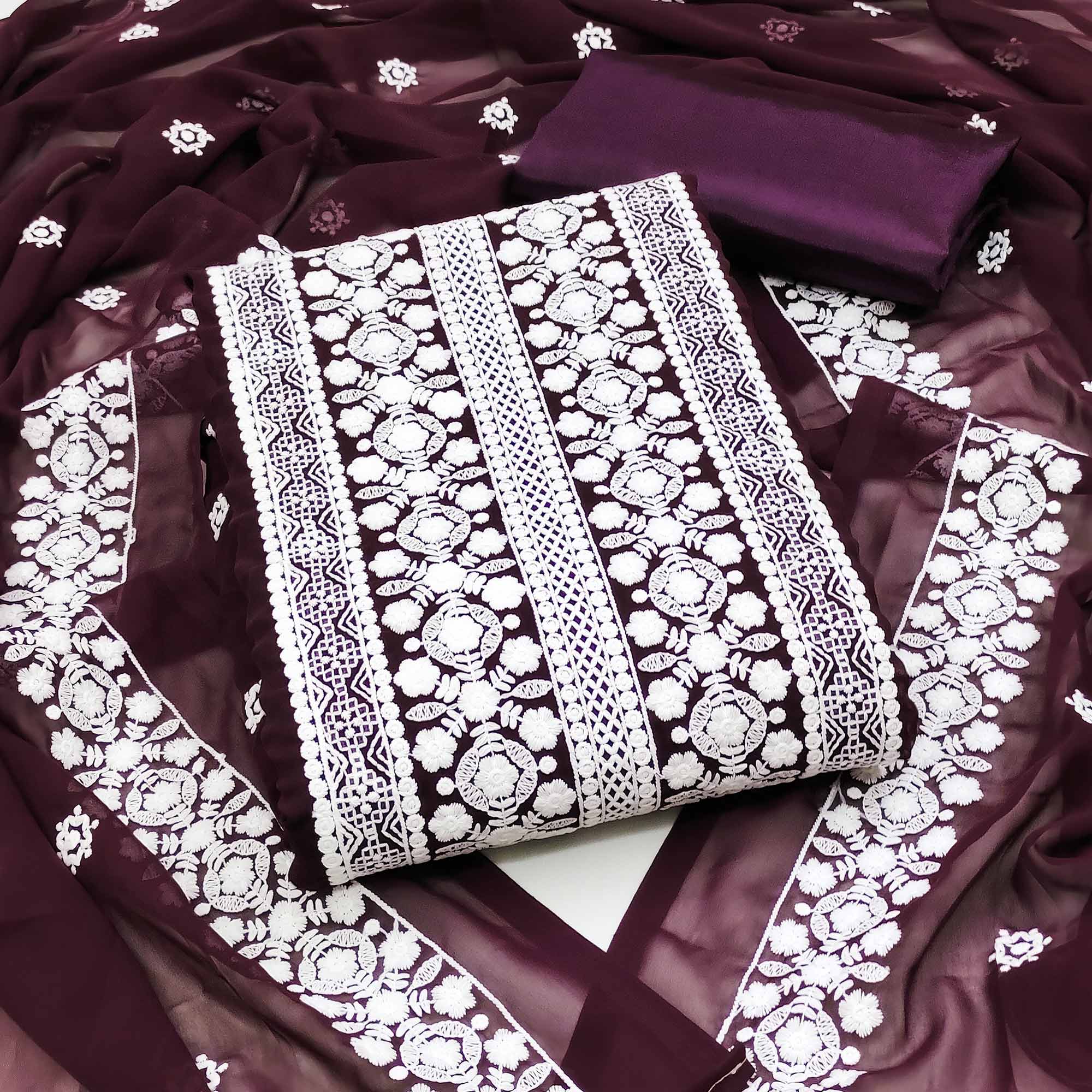 Wine Lucknowi Embroidered Georgette Dress Material