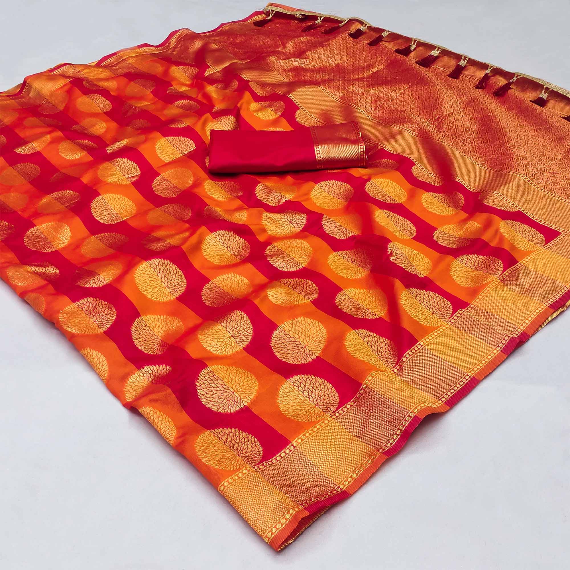 Orange And Pink Woven Jacquard Saree With Tassels