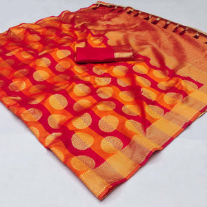 Orange And Pink Woven Jacquard Saree With Tassels