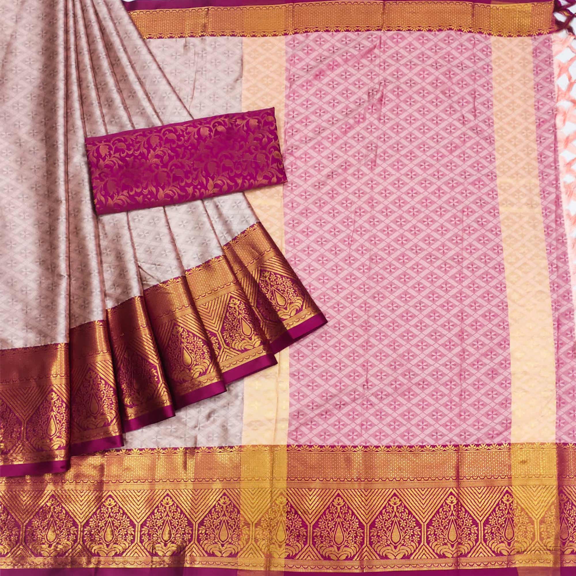 Baby Pink Woven Cotton Silk Saree With Tassels