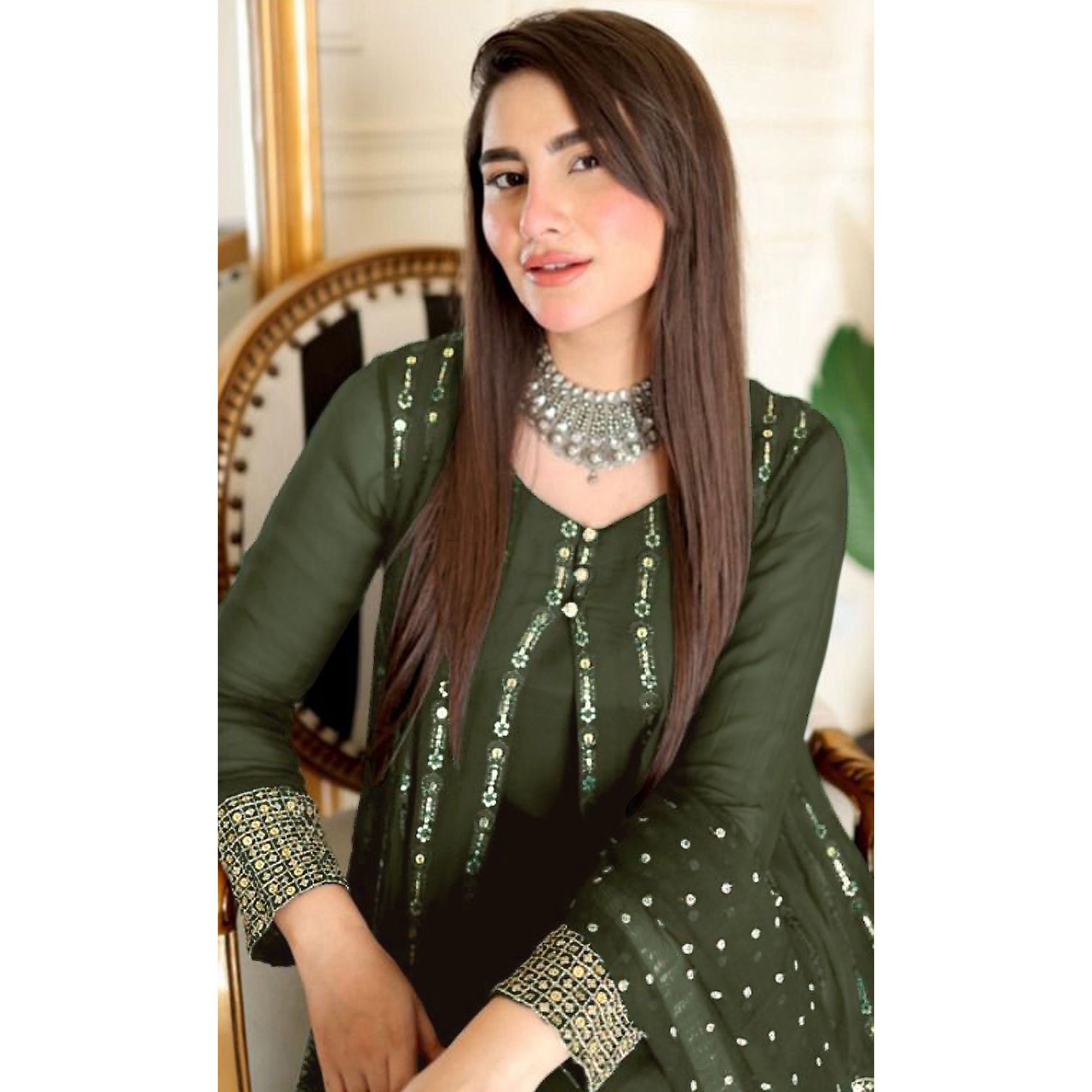 Mehendi Green Sequins Embroidered Georgette Pakistani Suit