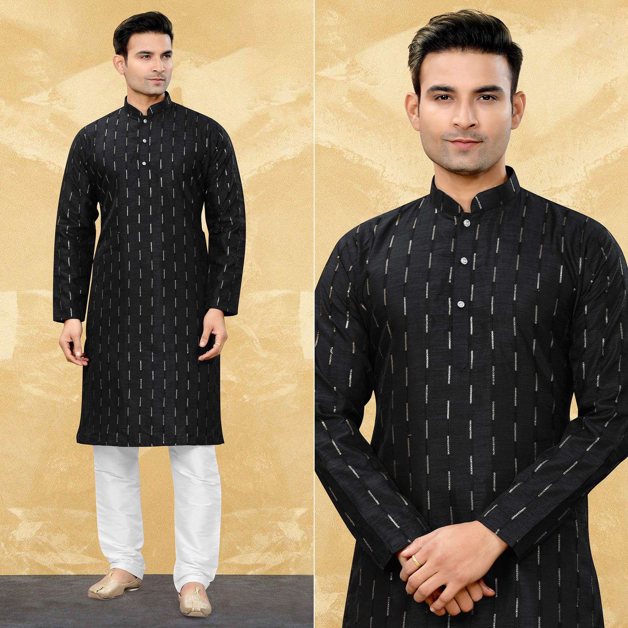 Black Sequins Embroidered Art Silk Kurta Pyjama Set