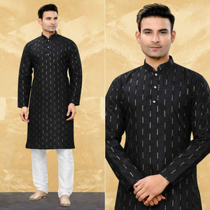 Black Sequins Embroidered Art Silk Kurta Pyjama Set