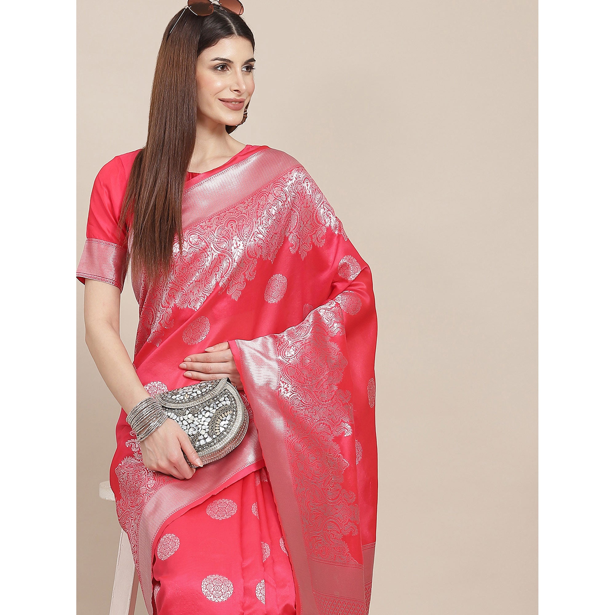 Pink Woven Banarasi Silk Saree