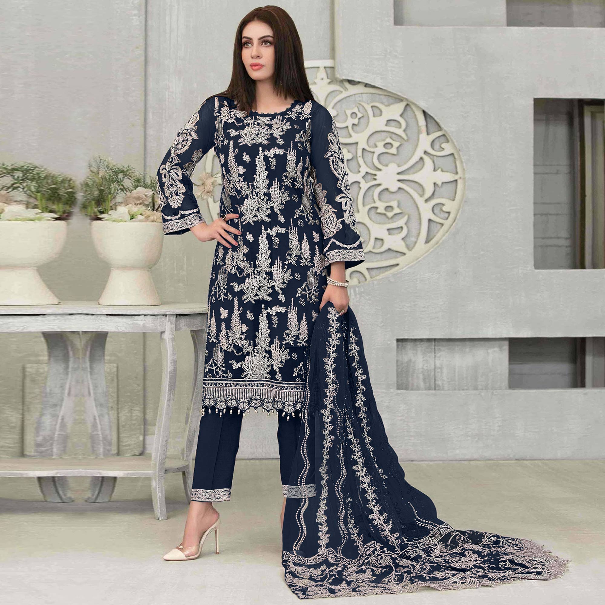 Rama Blue Floral Embroidered Georgette Pakistani Suit