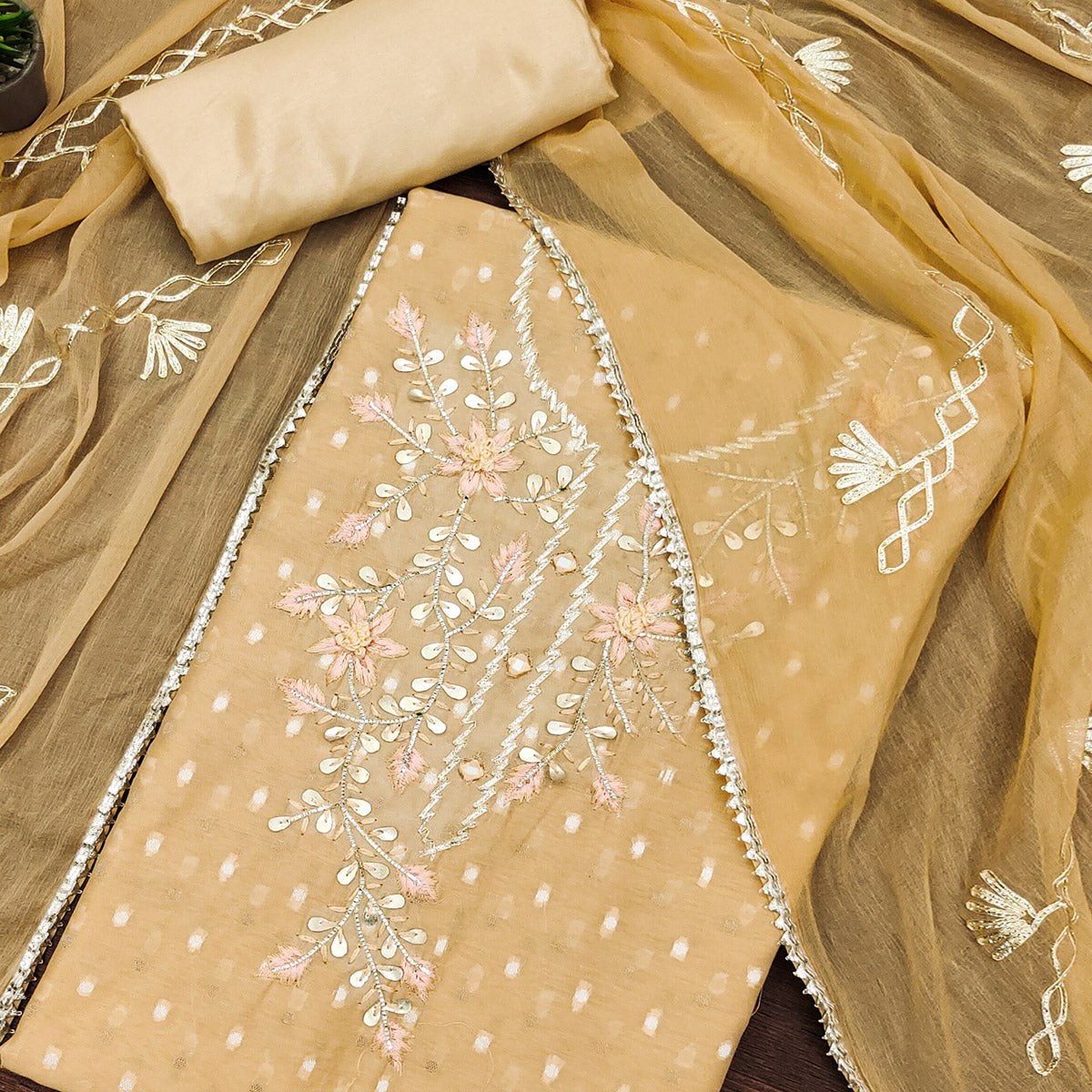 Chikoo Woven Chanderi Dress Material