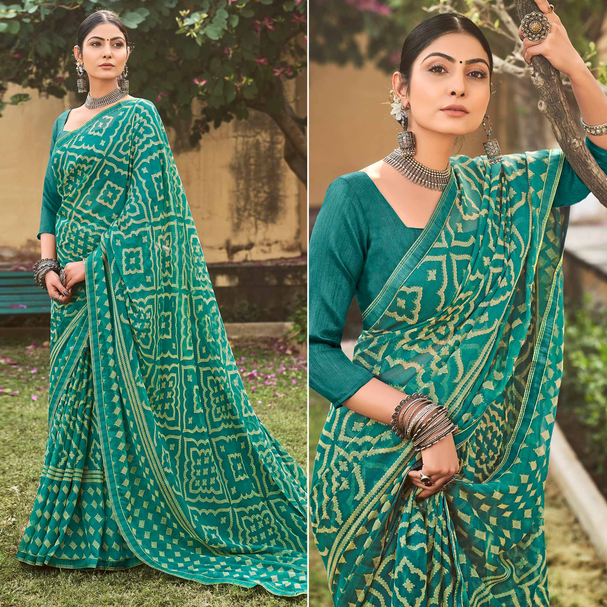 Rama Green Printed Chiffon Saree