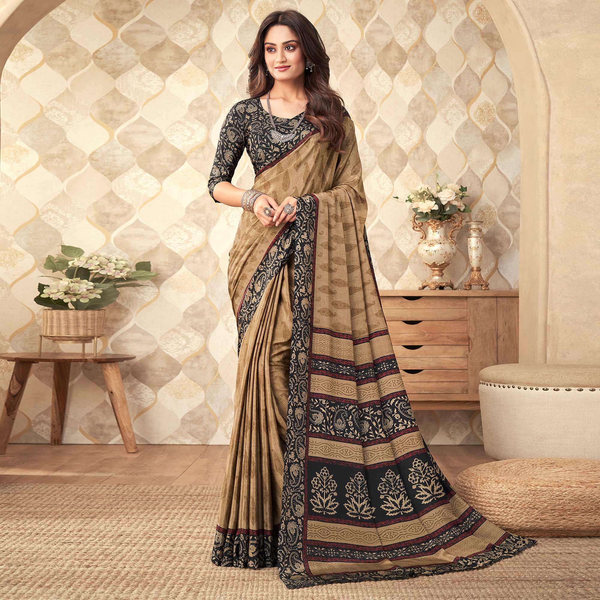 Beige Printed Crepe Saree