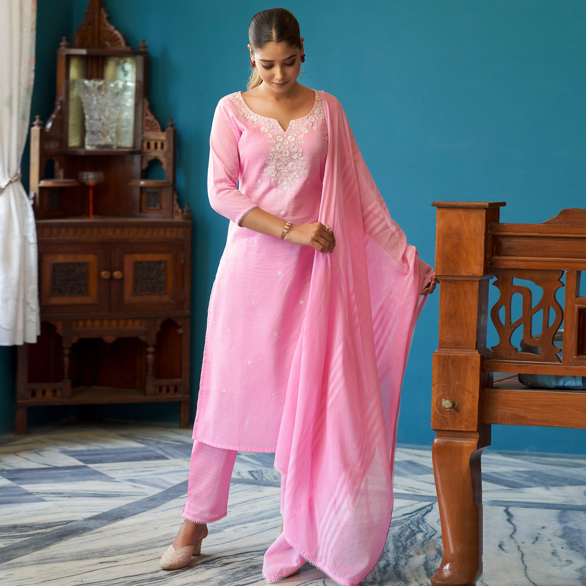 Gajari Pink Floral Embroidered Pure Cotton Suit