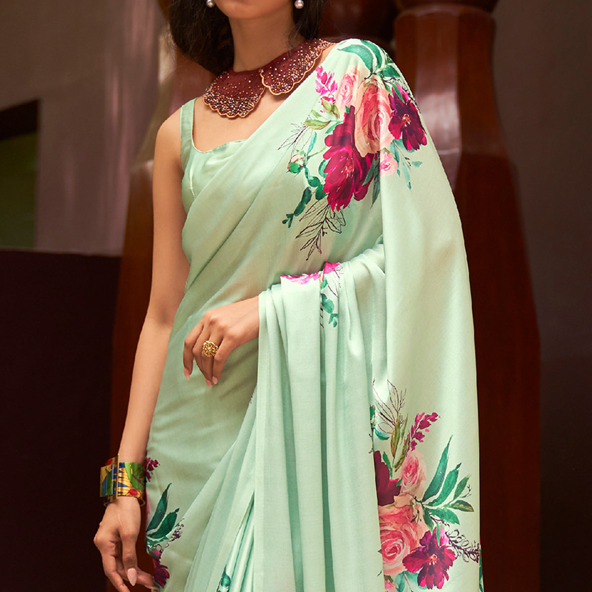 Green Floral Digital Printed Satin Saree