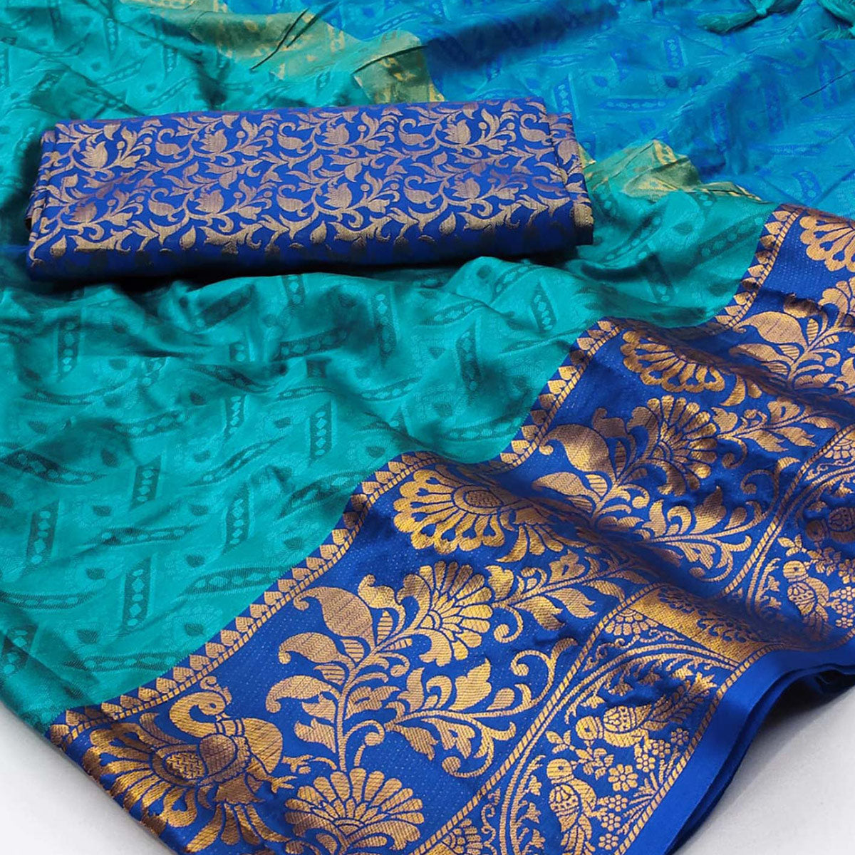 Firozi Woven Cotton Silk Saree With Tassels