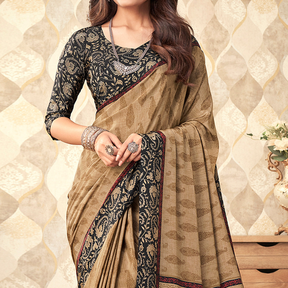 Beige Printed Crepe Saree