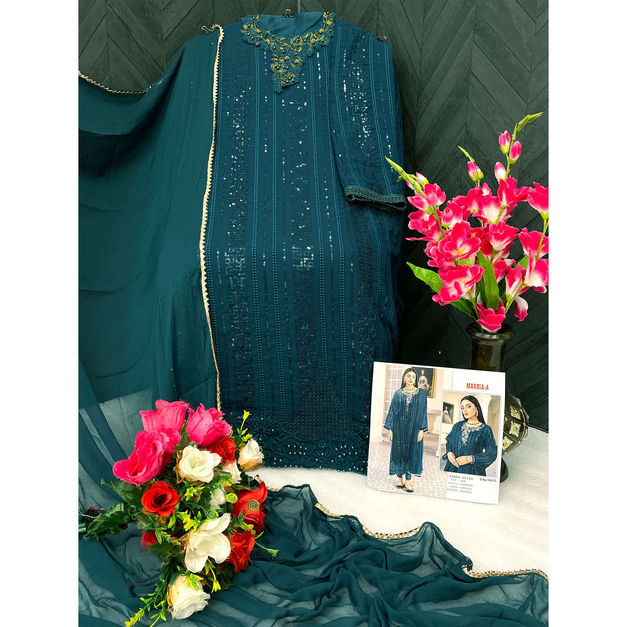 Teal Blue Sequins Embroidered Georgette Pakistani Suit
