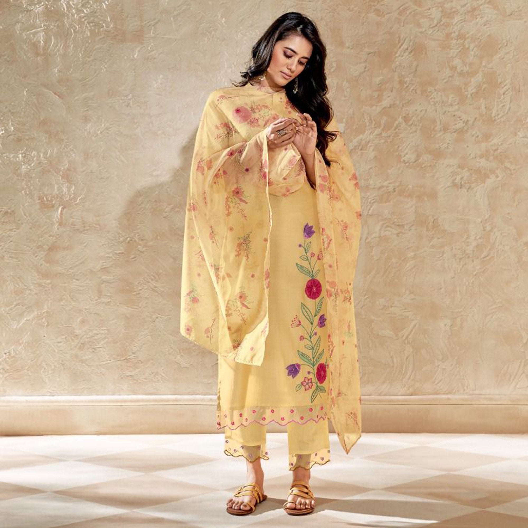 Light Yellow Floral Embroidered Viscose Suit
