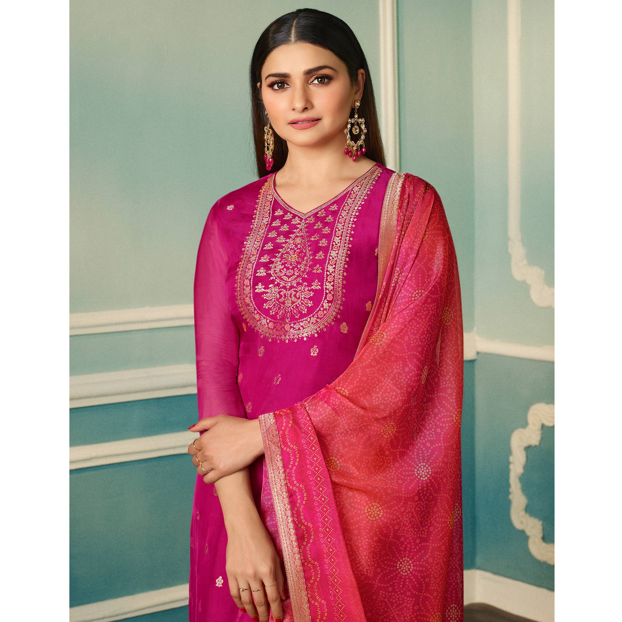 Pink Floral Woven Organza Salwar Suit