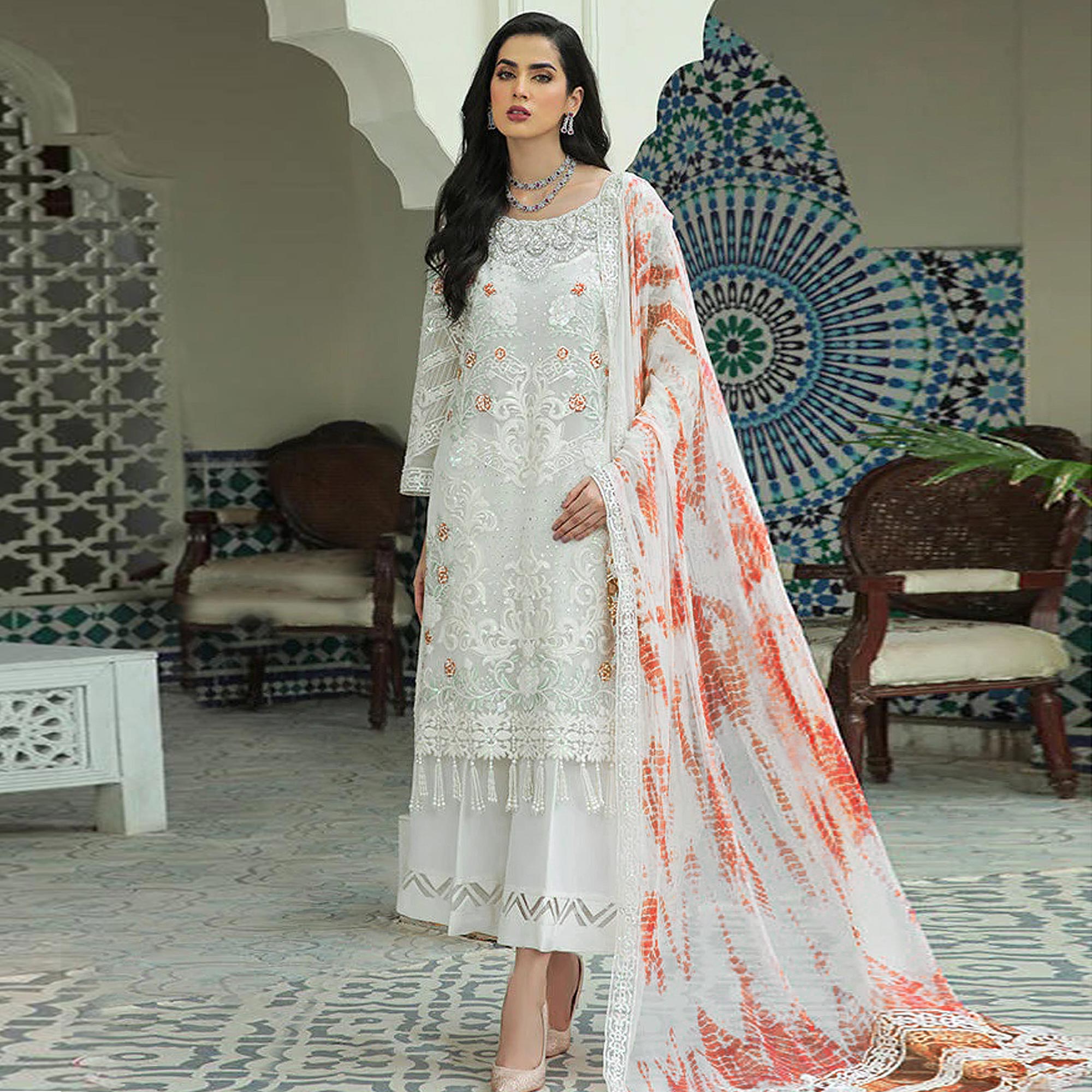 White Sequins Embroidered Georgette Pakistani Suit