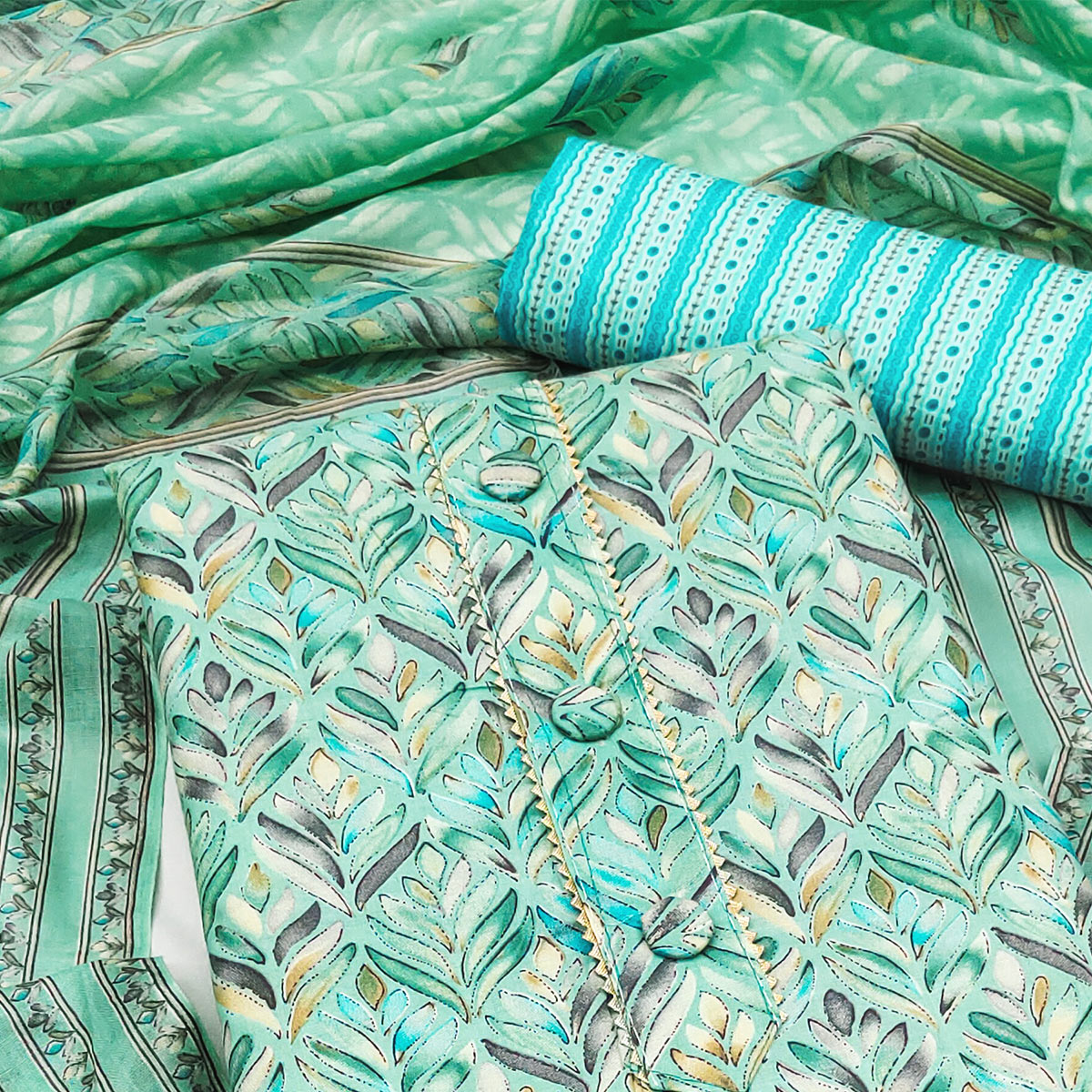 Turquoise Printed Cotton Blend Dress Material