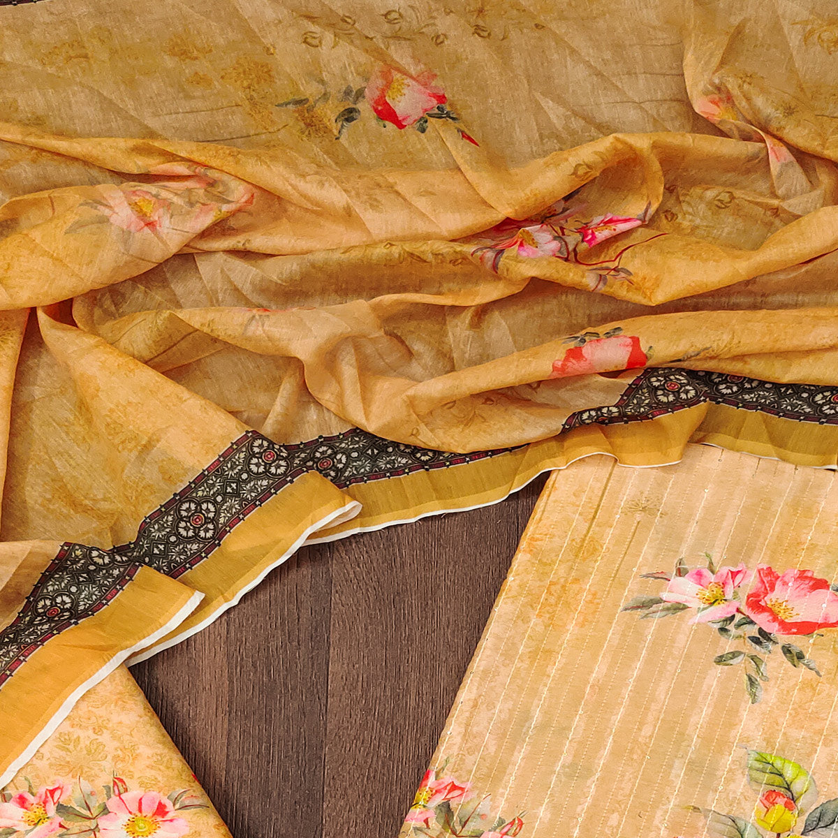 Yellow Floral Digital Printed Muslin Dress Material