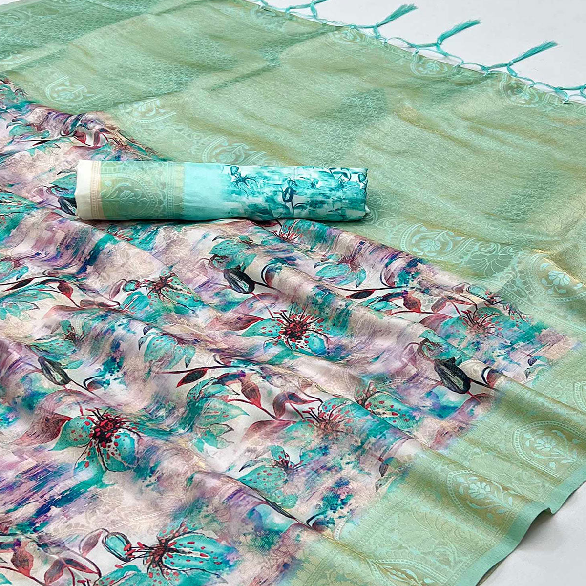 Pink & Blue Floral Digital Printed Jacquard Saree