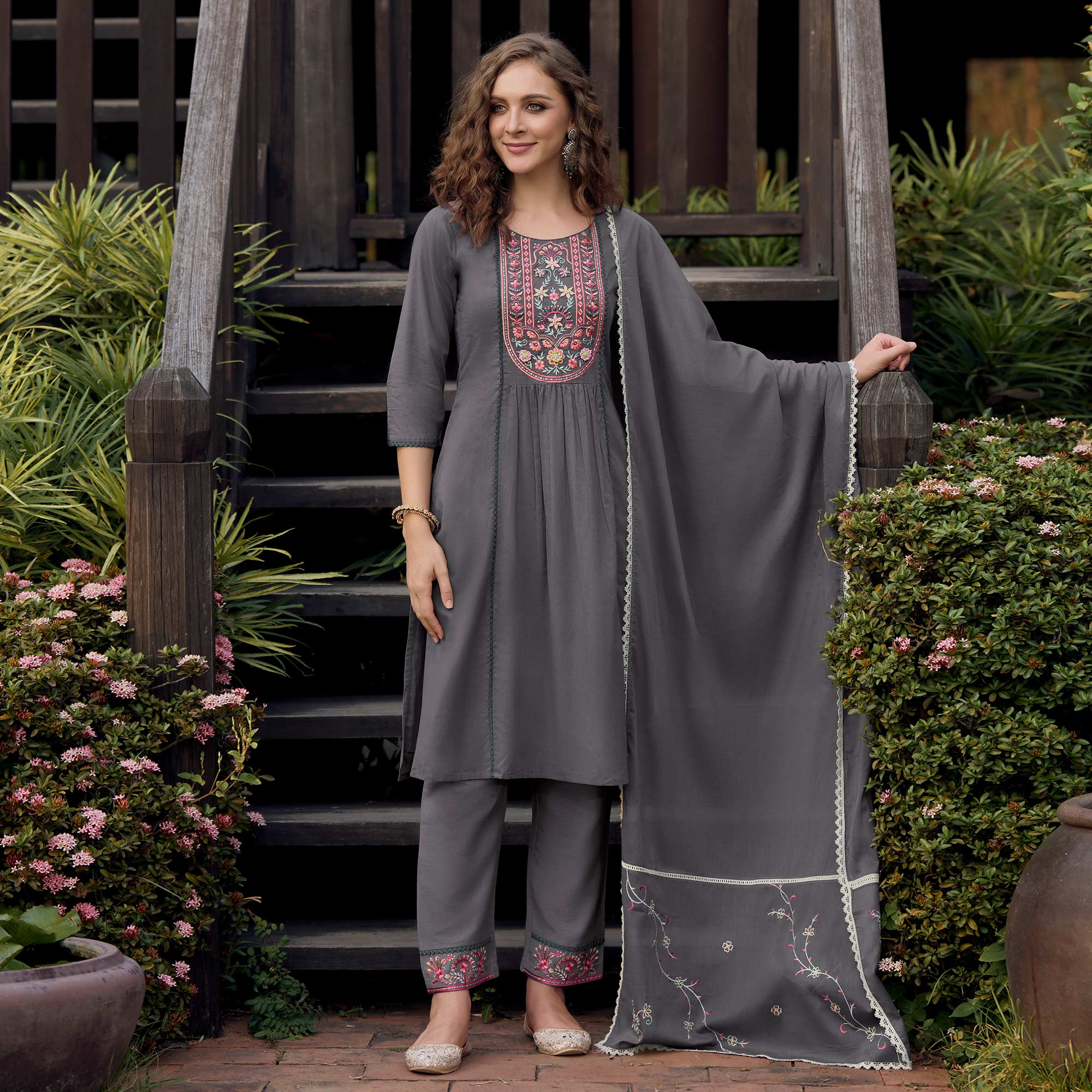 Grey Embroidered Pure Cotton Suit