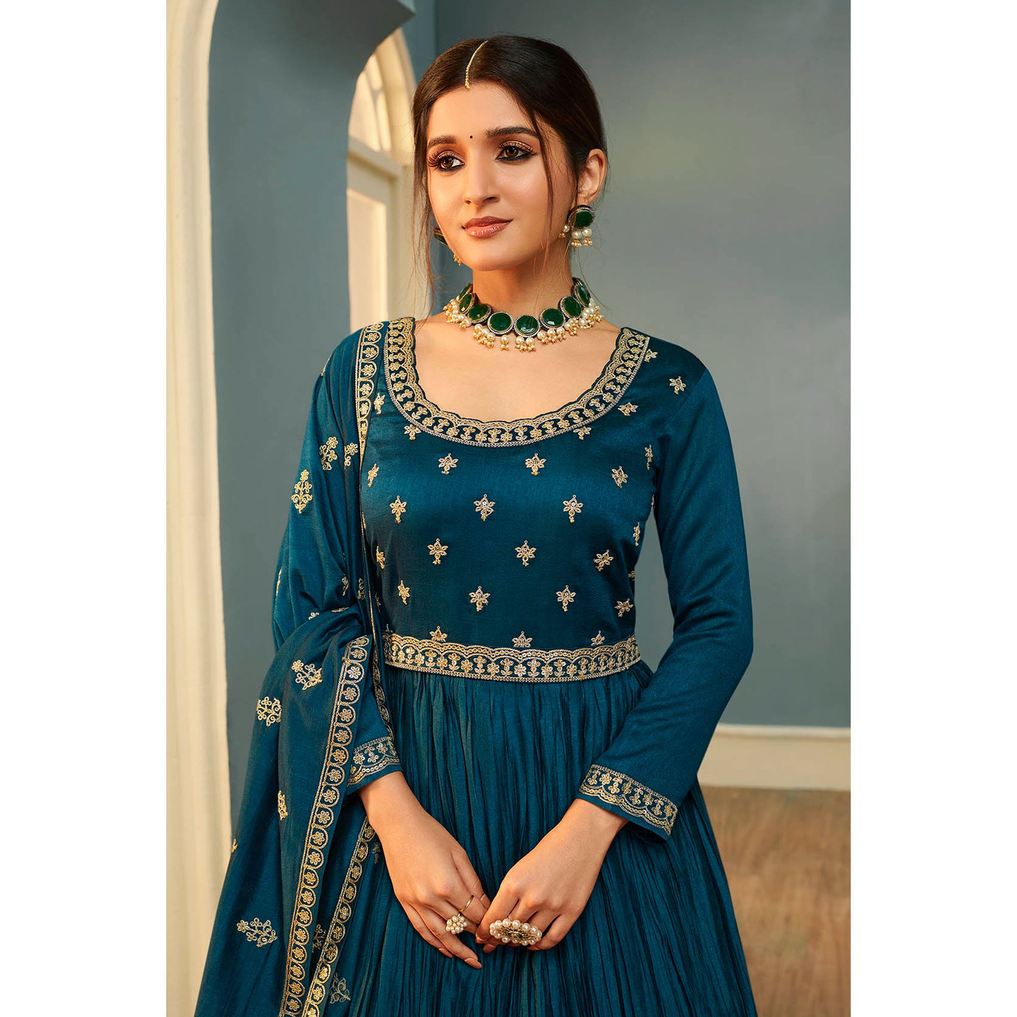 Teal Blue Embroidered Georgette Gown
