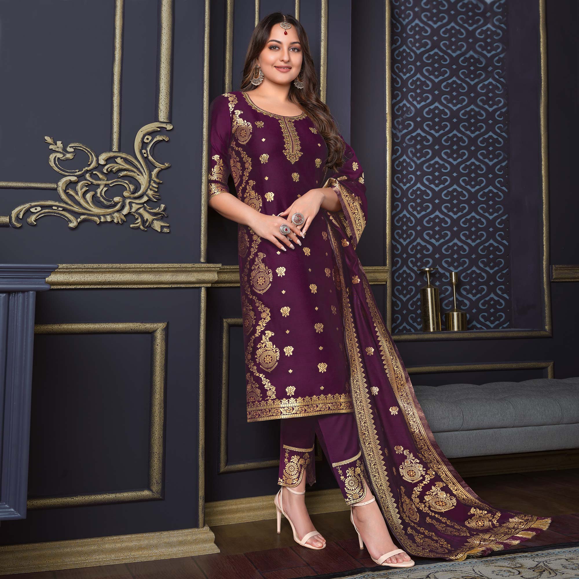 Purple Woven Banarasi Silk Salwar Suit