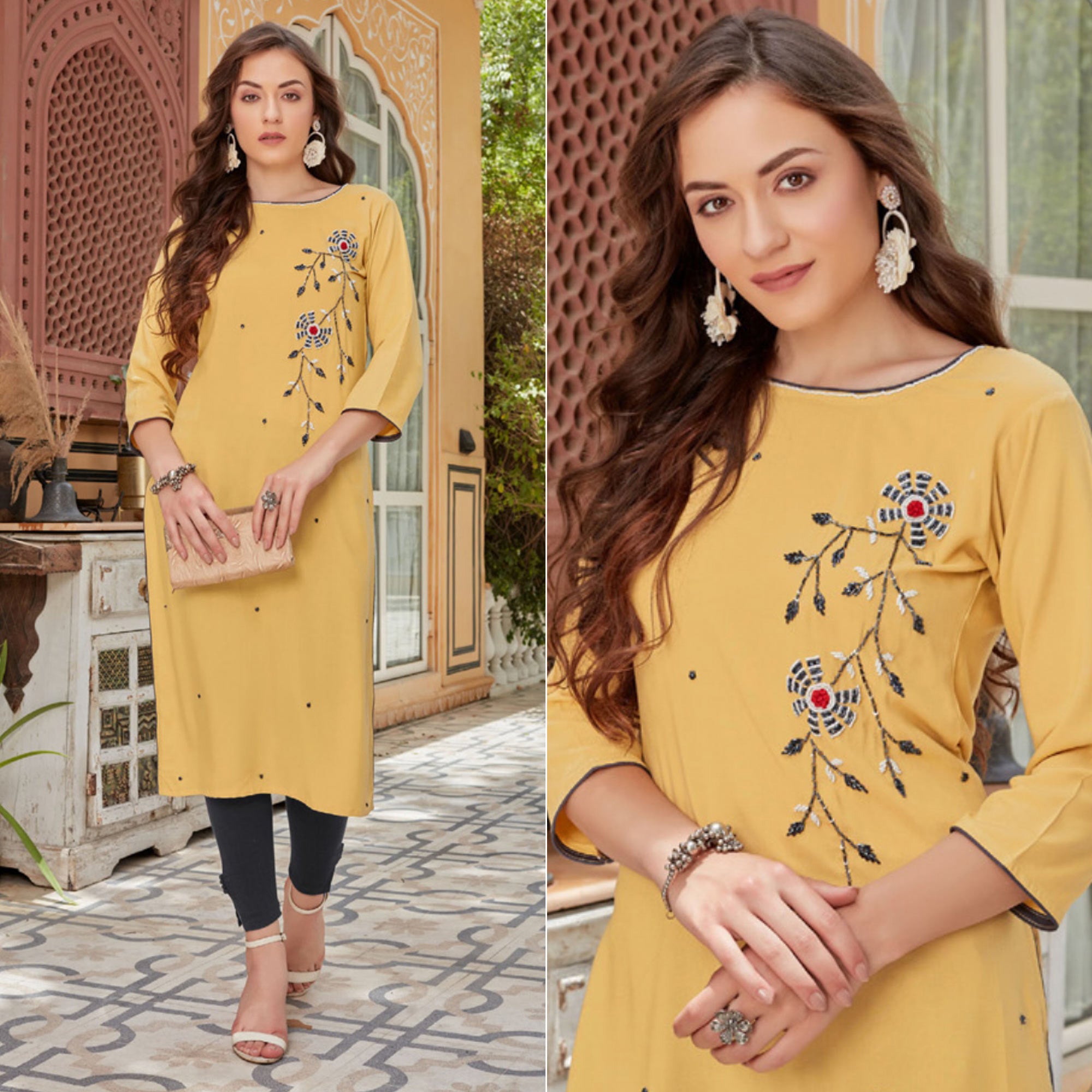 Mustard Embroidered Rayon Kurti