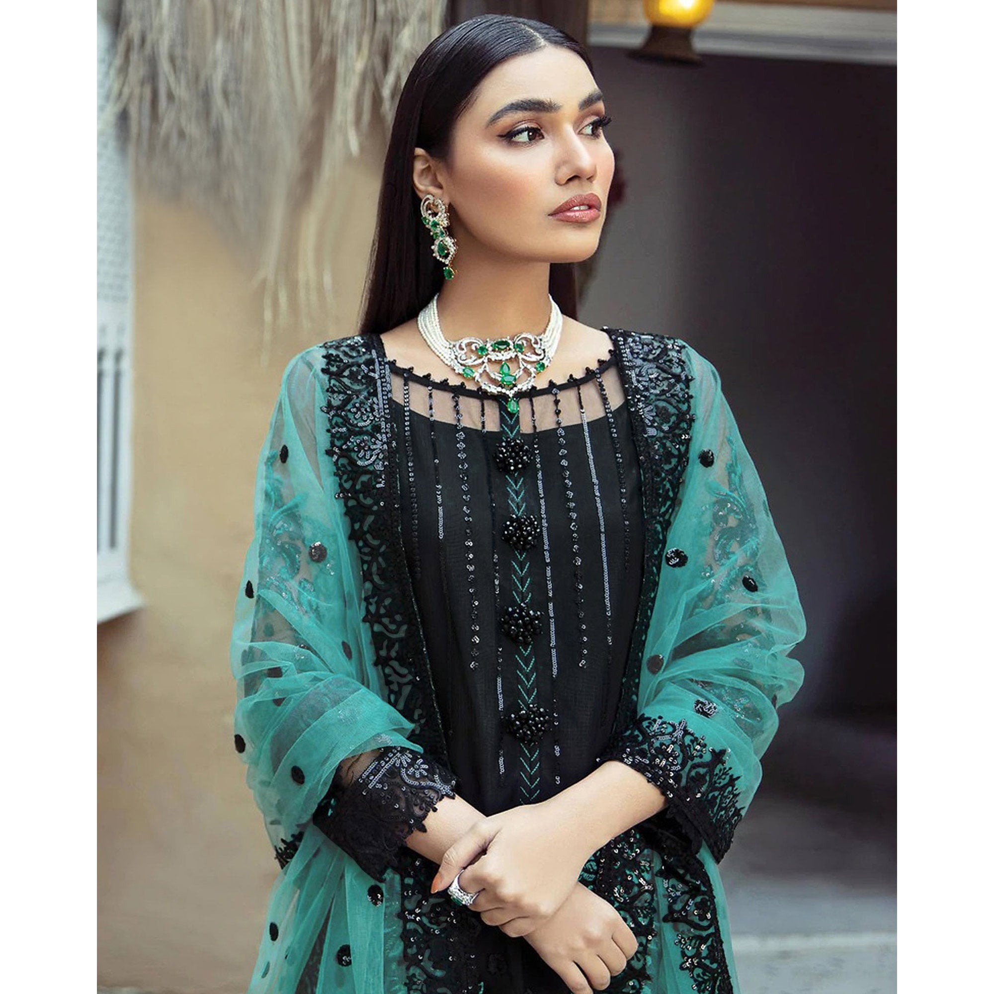 Black Floral Sequins Embroidered Georgette Pakistani Suit