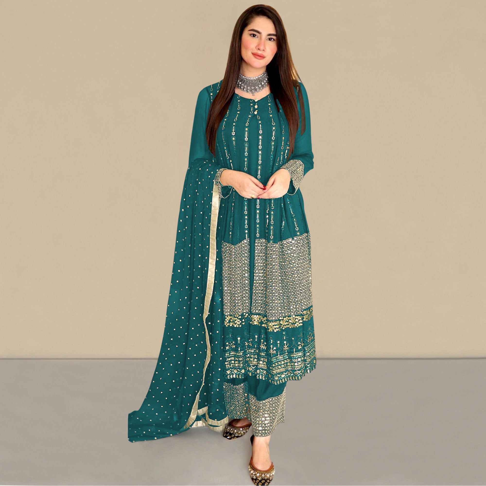 Rama Blue Sequins Embroidered Georgette Pakistani Suit