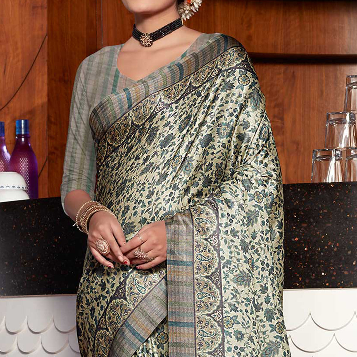 Grey Digital Printed Pashmina Saree