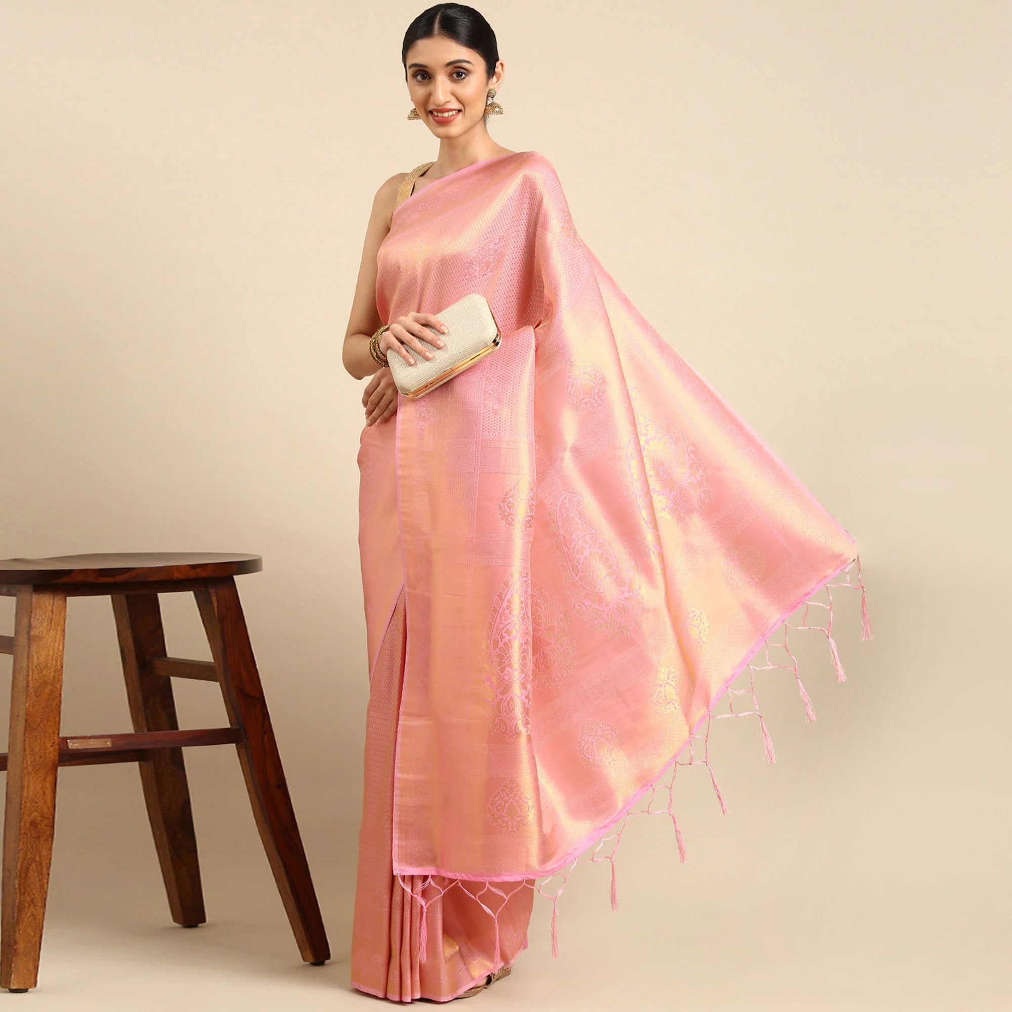 Peach Woven Kanjivaram Silk Saree WithTassels