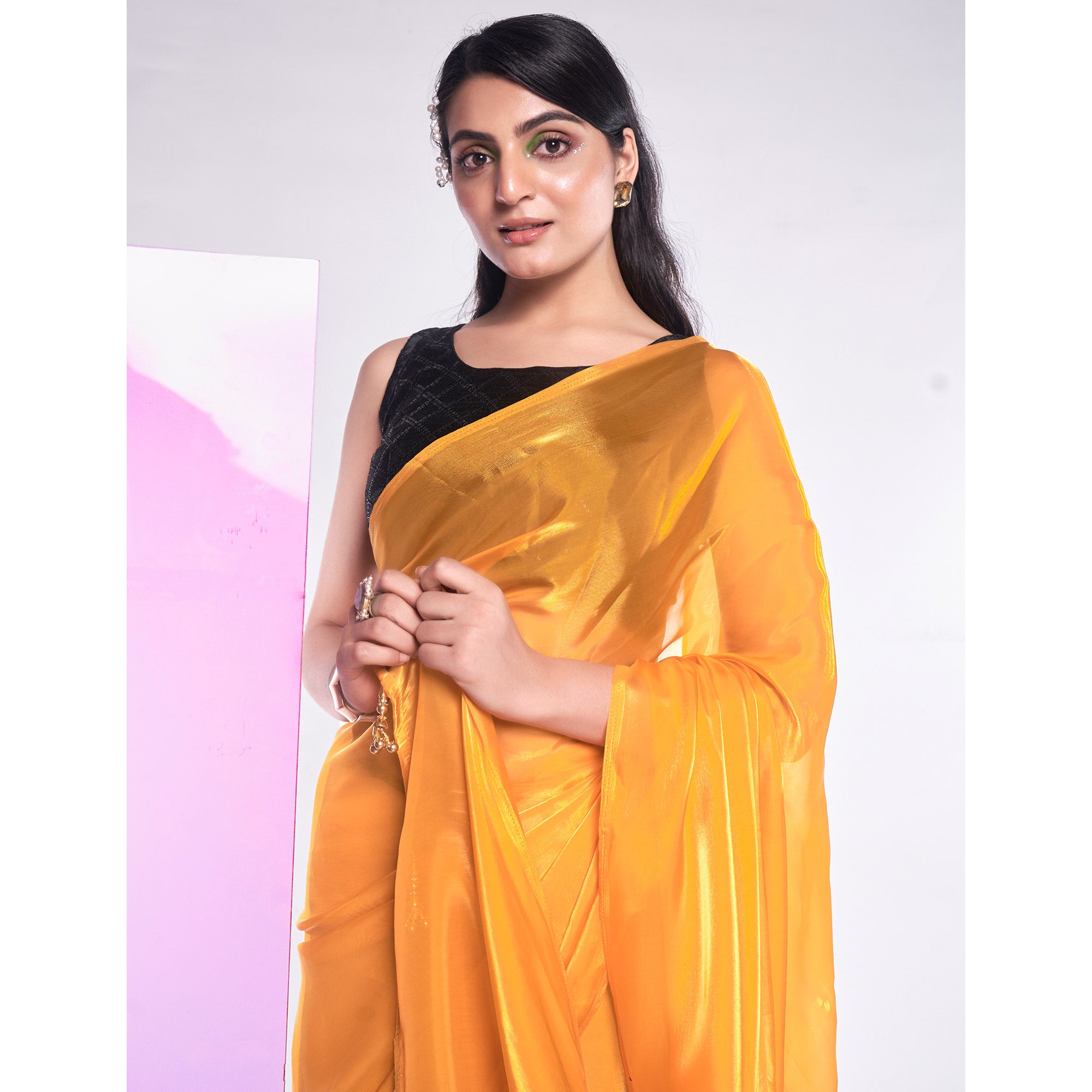 Mustard Solid Organza Saree With Tassels