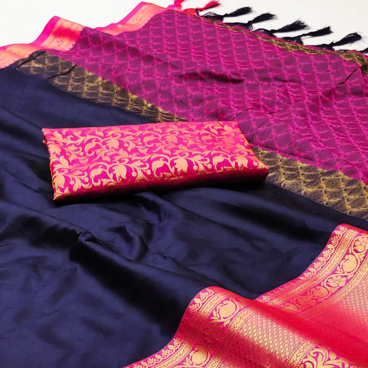 Navy Blue Printed And Woven Cotton Silk Saree With Tassels