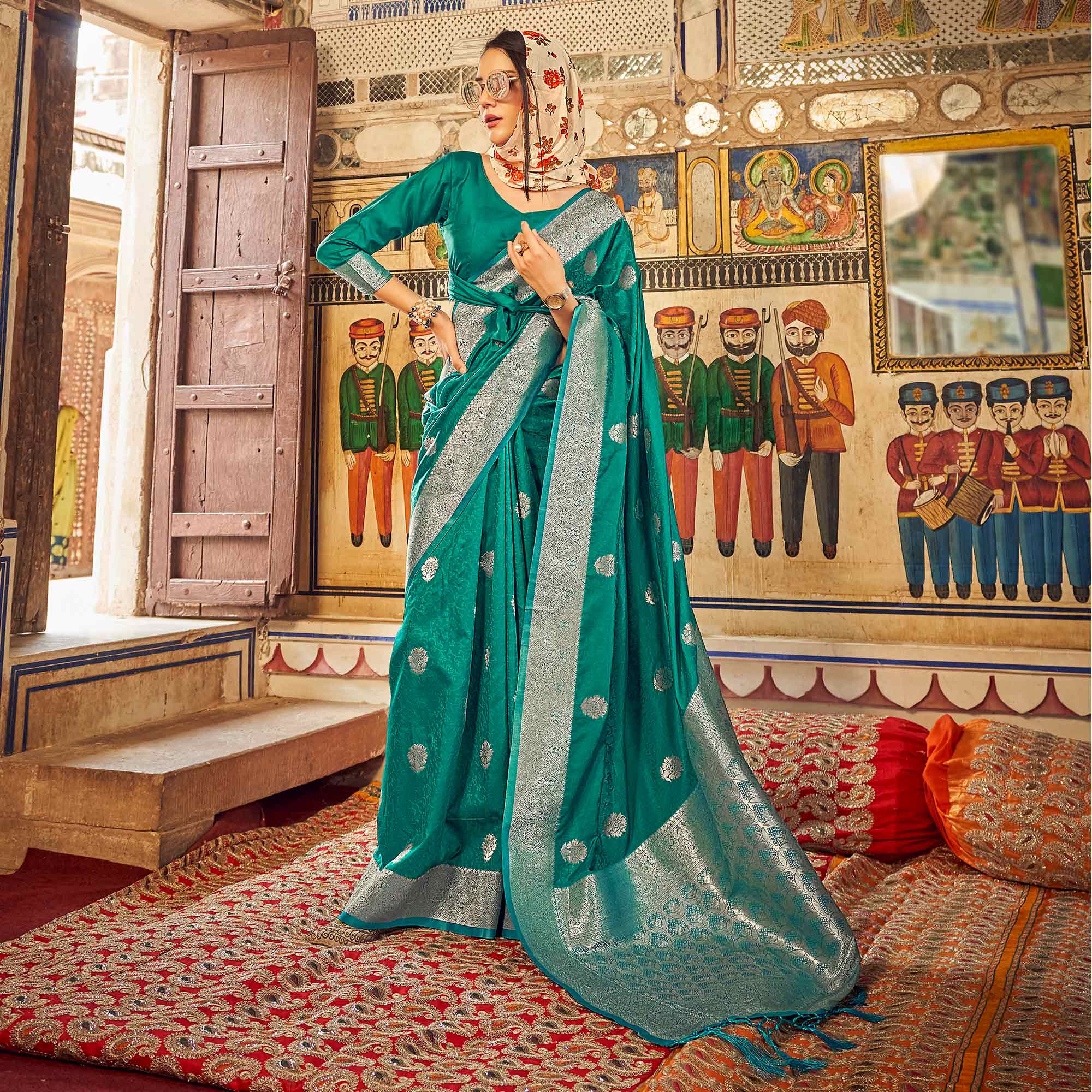 Rama Green Woven Satin Saree