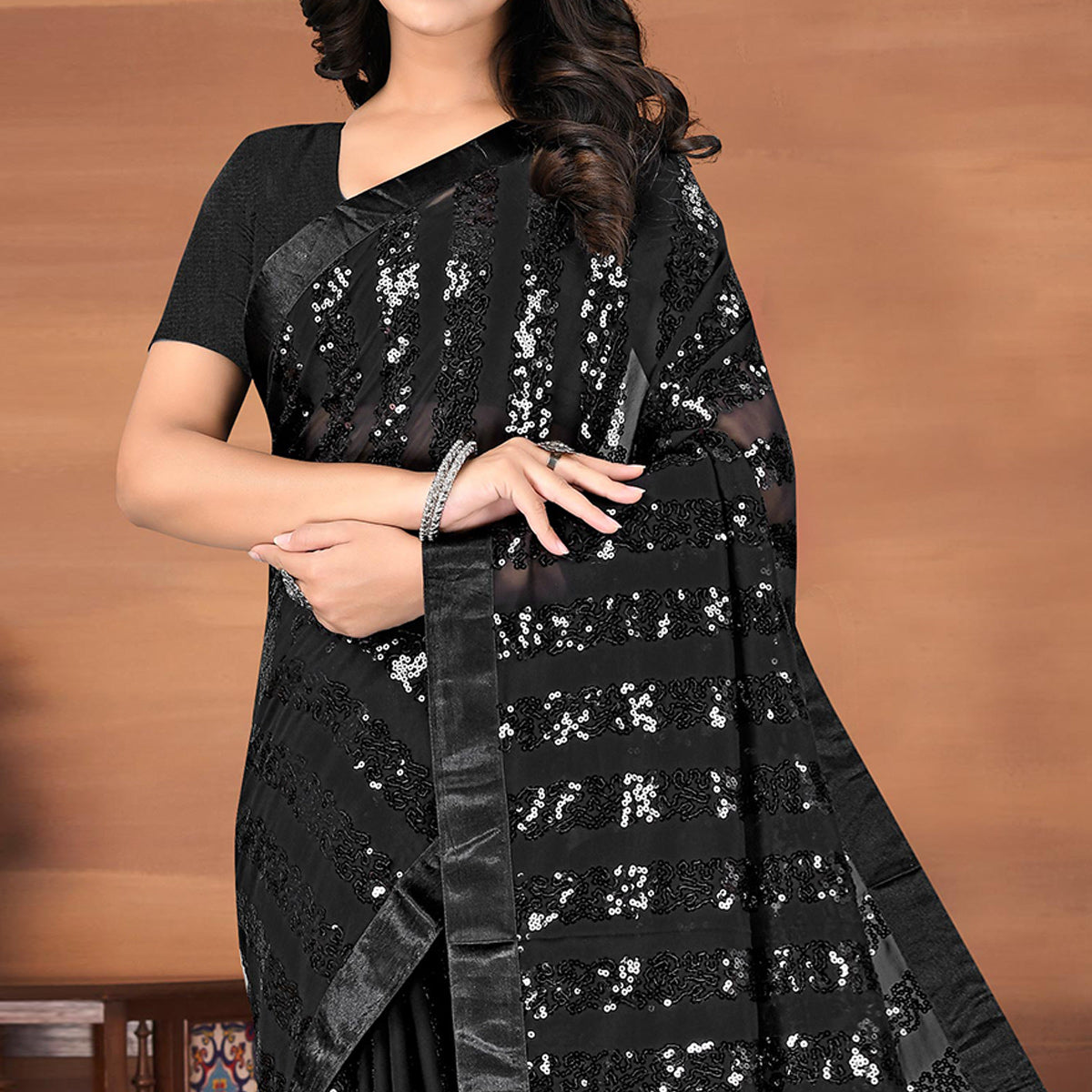 Black Sequins Embroidered Georgette Saree