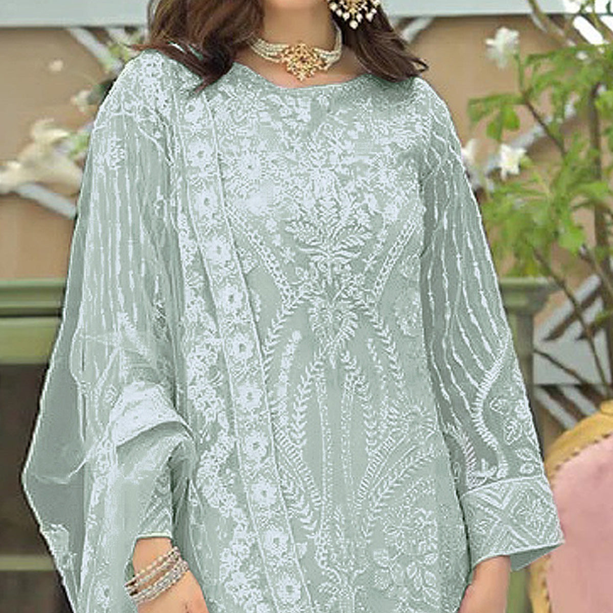Pista Lucknowi Embroidered Georgette Pakistani Suit
