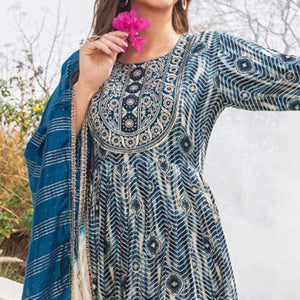 Blue Foil Printed Rayon Naira Cut Suit